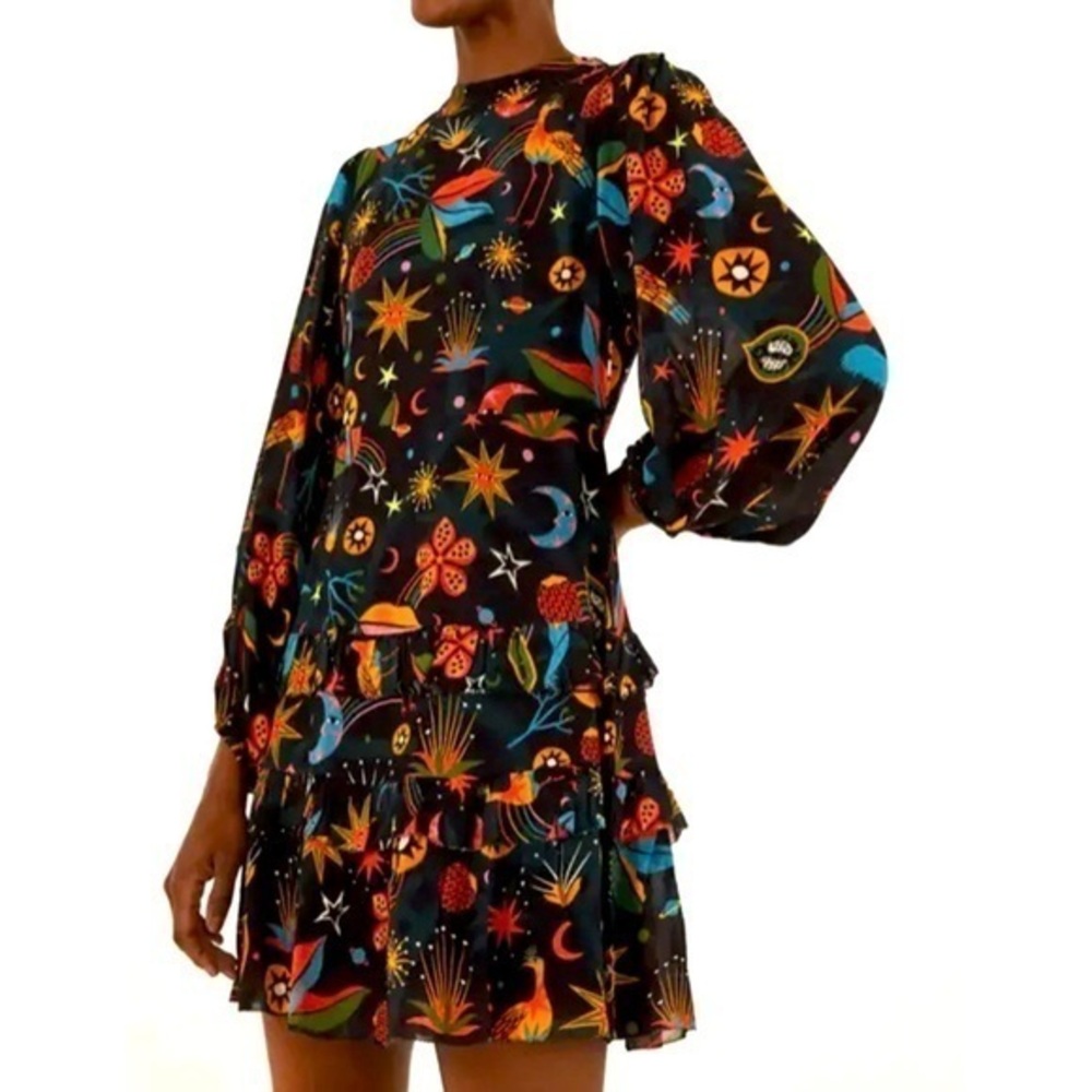 Farm Rio Black Cerrado Sky Celestial Animal Print Boho Sheer Long Sleeve Dress